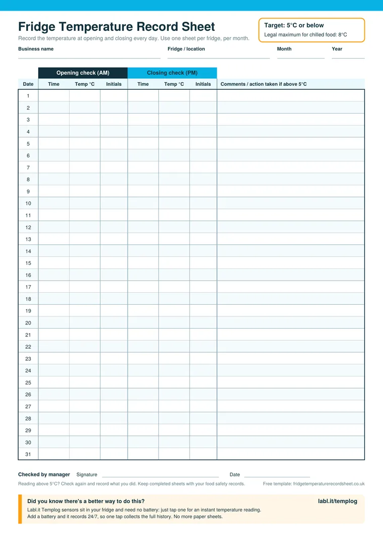 Preview of the free fridge temperature record sheet, showing columns for date, opening and closing time, temperature and initials, and a comments column